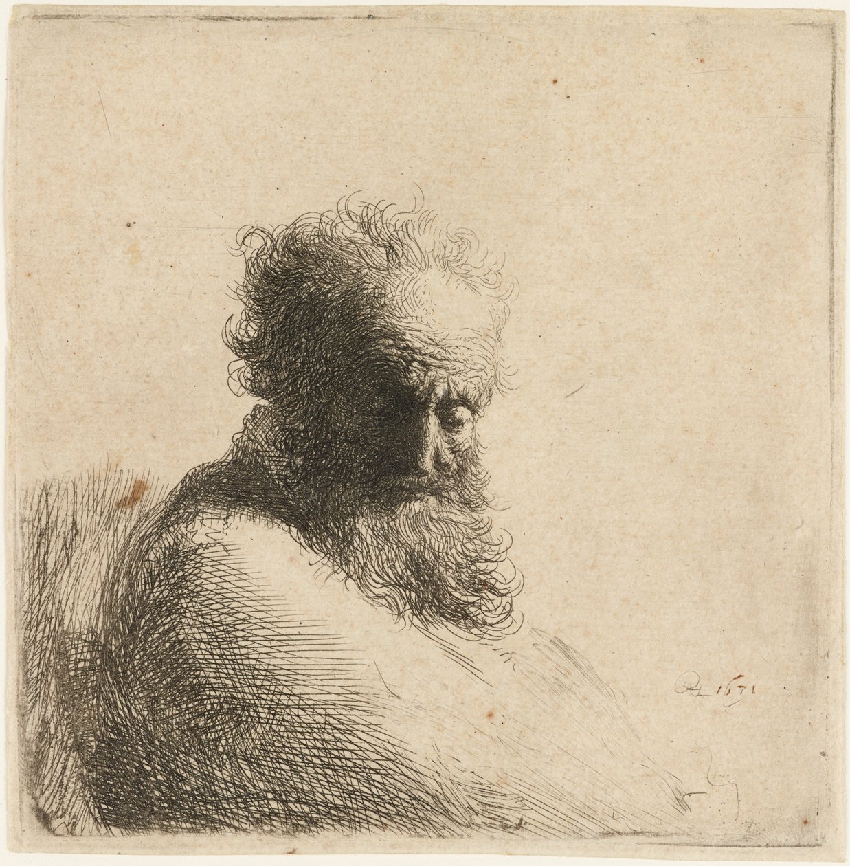 Yaşlı sakallı bir adamın büstü, aşağı bakıyor, dörtte üçü sağa, 1631. by Rembrandt van Rijn
