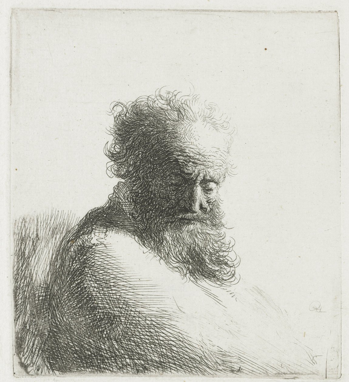 Yaşlı sakallı bir adamın büstü, aşağı bakıyor, dörtte üçü sağa by Rembrandt van Rijn
