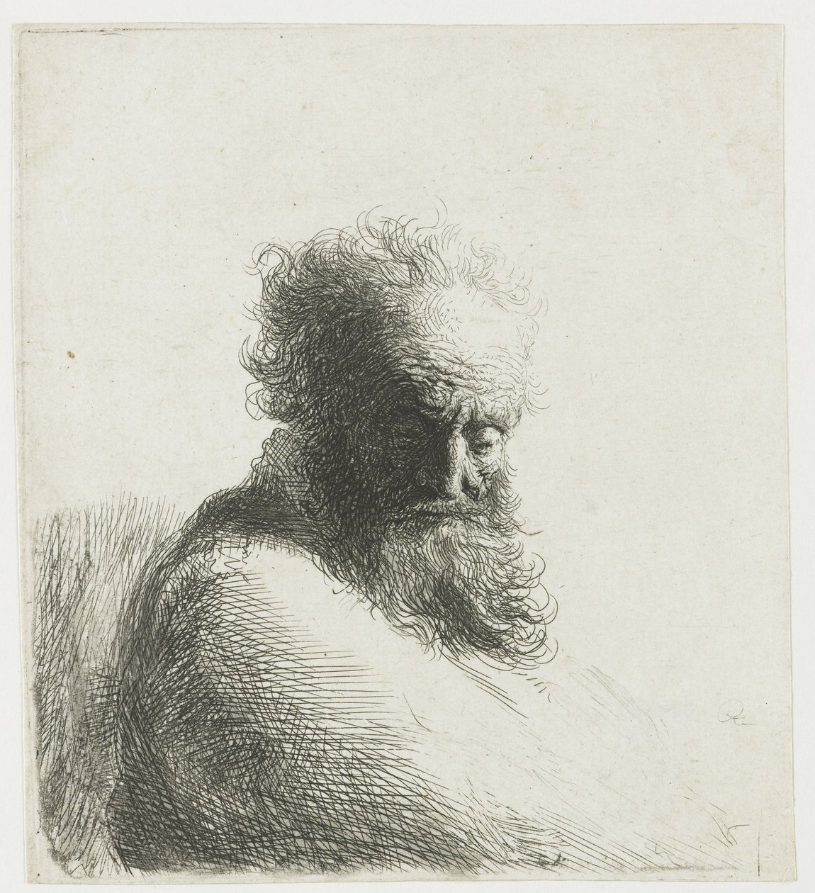 Yaşlı sakallı bir adamın büstü, aşağı bakıyor, dörtte üçü sağa by Rembrandt van Rijn