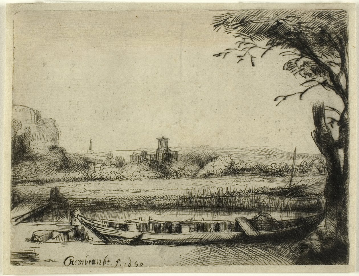 Büyük Bir Tekneli ve Köprülü Kanal by Rembrandt van Rijn