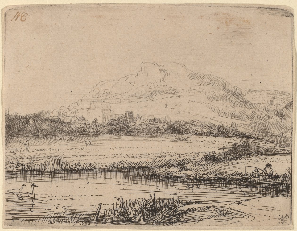 Bir Fenerli ve İki Kuğulu Kanal by Rembrandt van Rijn