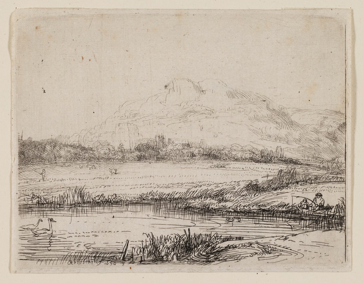 Bir Fenerli ve İki Kuğulu Kanal by Rembrandt van Rijn