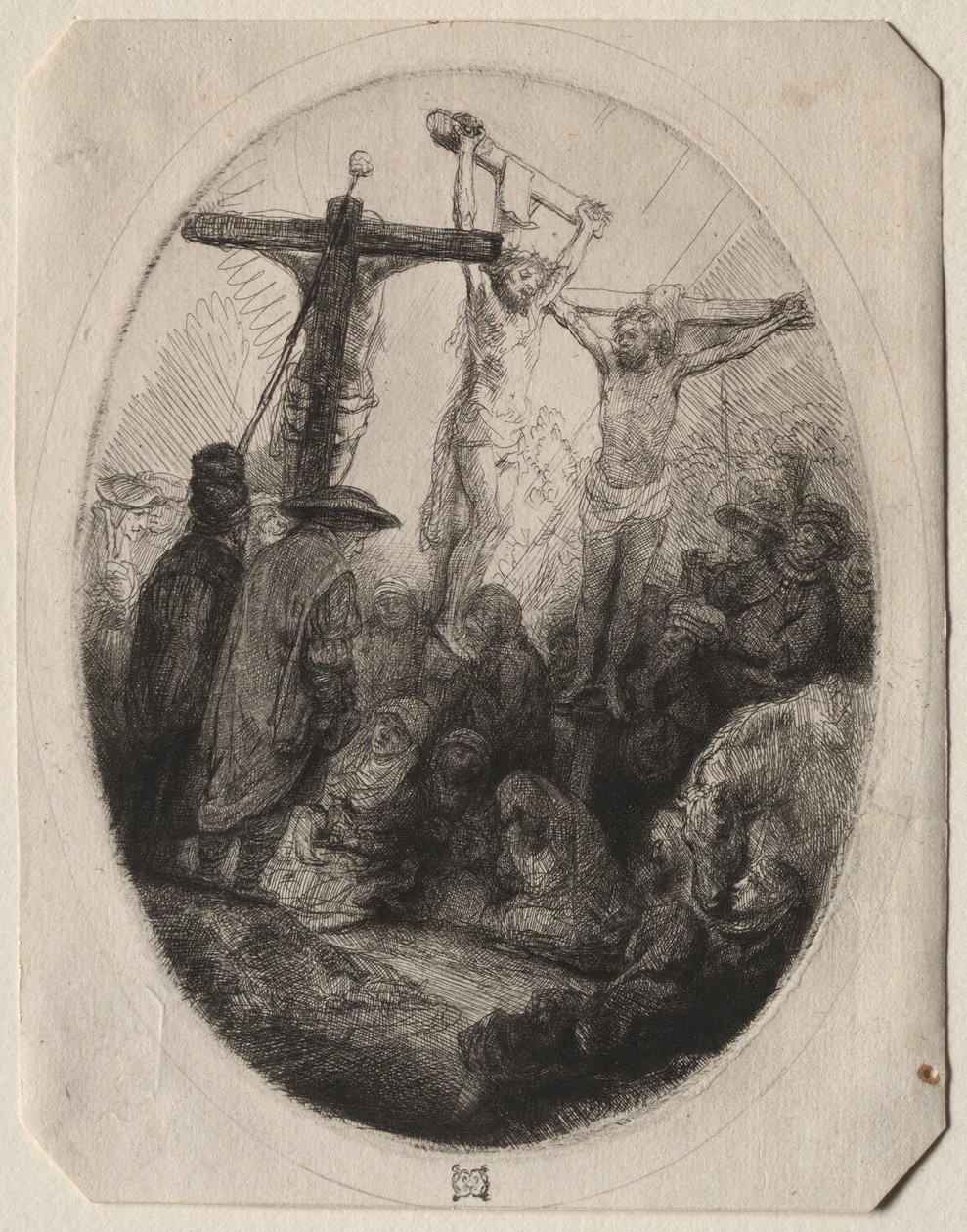 İki Hırsız Arasında Çarmıha Gerilmiş İsa: Oval Bir Plaka by Rembrandt van Rijn