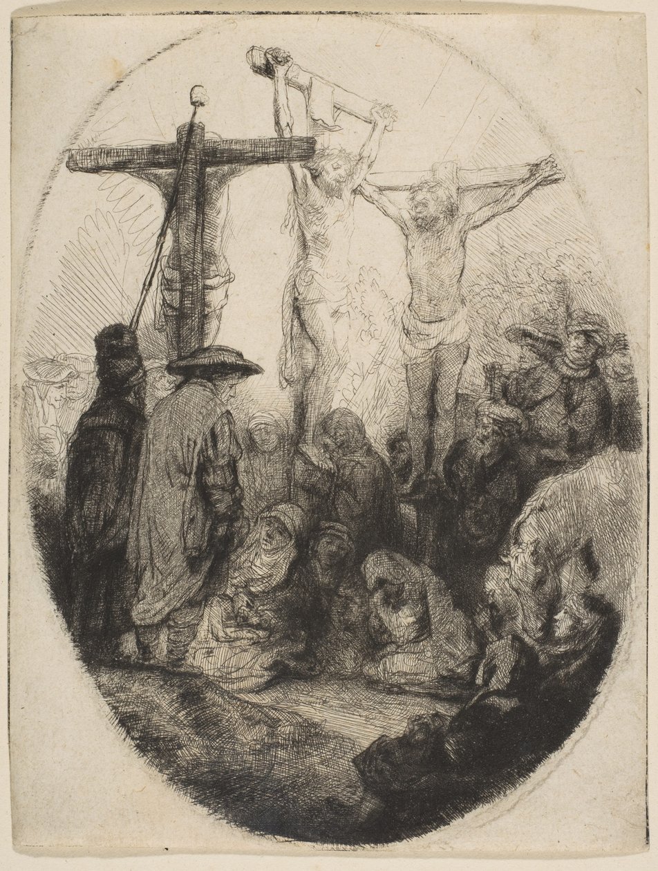İki Hırsız Arasında Çarmıha Gerilmiş İsa, oval plaka, yakl. 1641. by Rembrandt van Rijn
