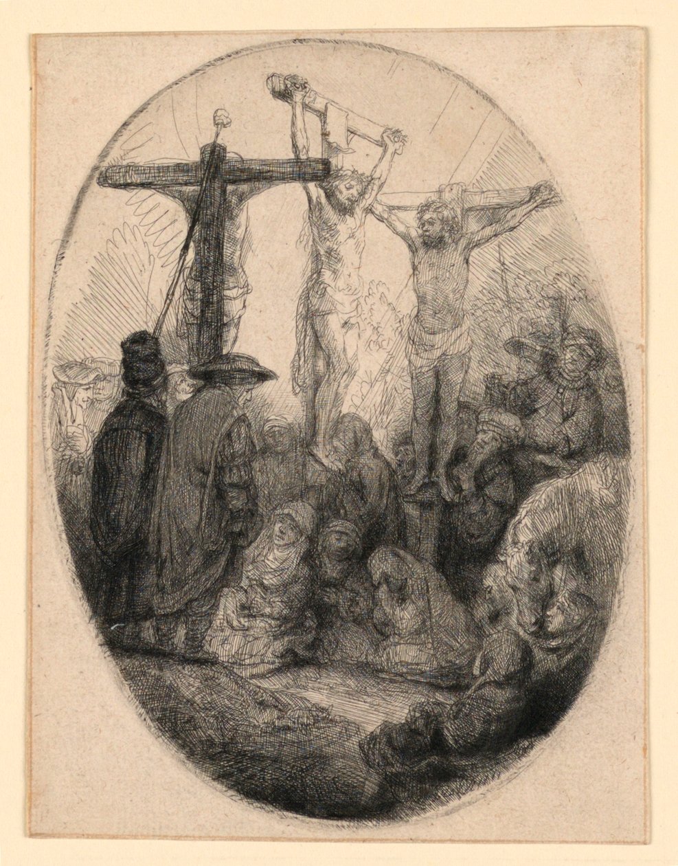 İki Hırsız Arasında Çarmıha Gerilen İsa: Oval Bir Plaka by Rembrandt van Rijn