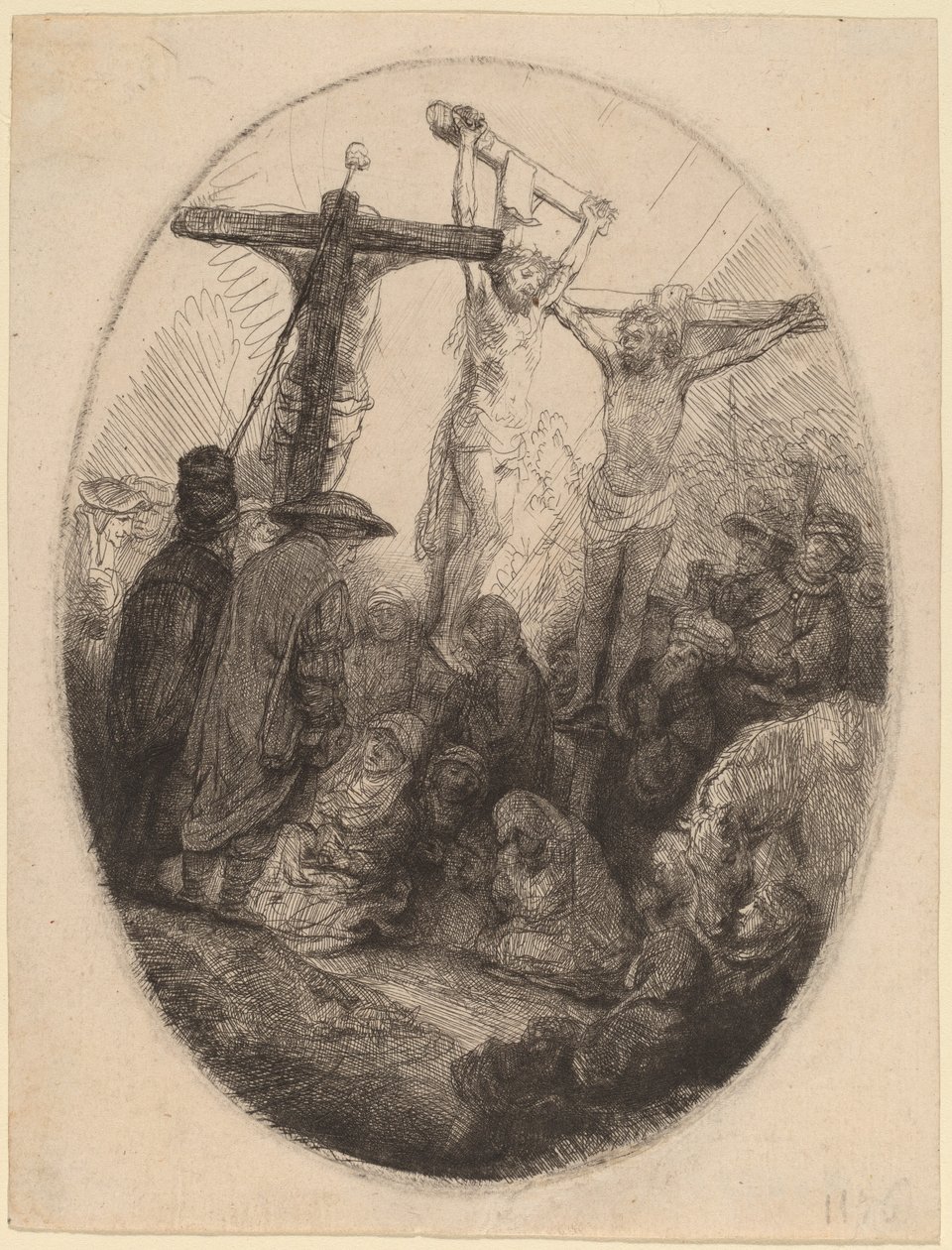 İki Hırsız Arasında Çarmıha Gerilen İsa: Oval Bir Plaka by Rembrandt van Rijn