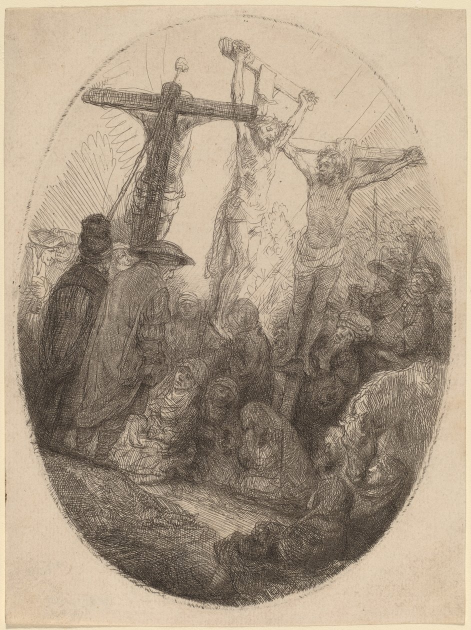 İki Hırsız Arasında Çarmıha Gerilen İsa: Oval Bir Plaka by Rembrandt van Rijn