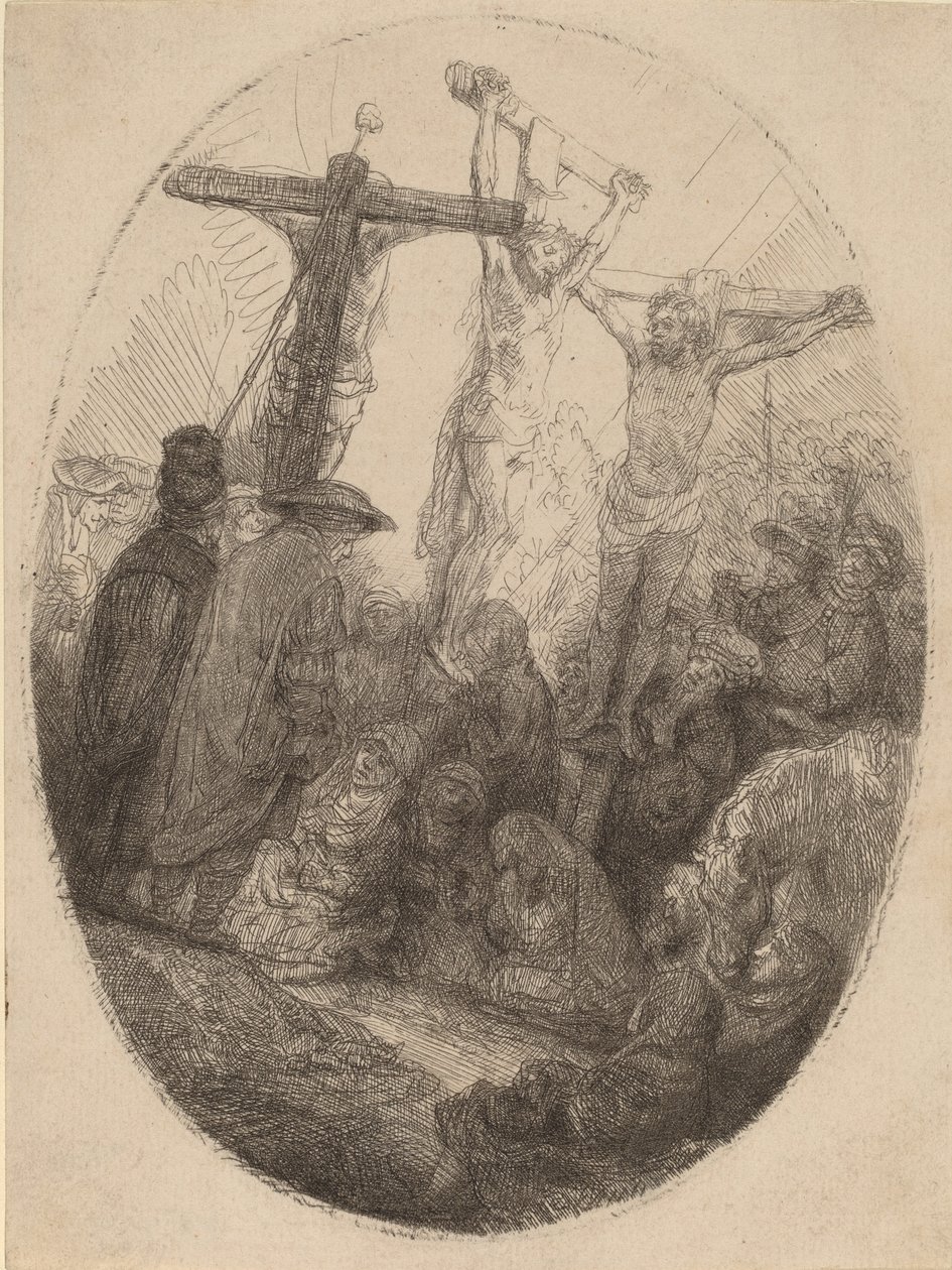 İki Hırsız Arasında Çarmıha Gerilmiş İsa: Bir Oval Plaka, c. 1641. by Rembrandt van Rijn