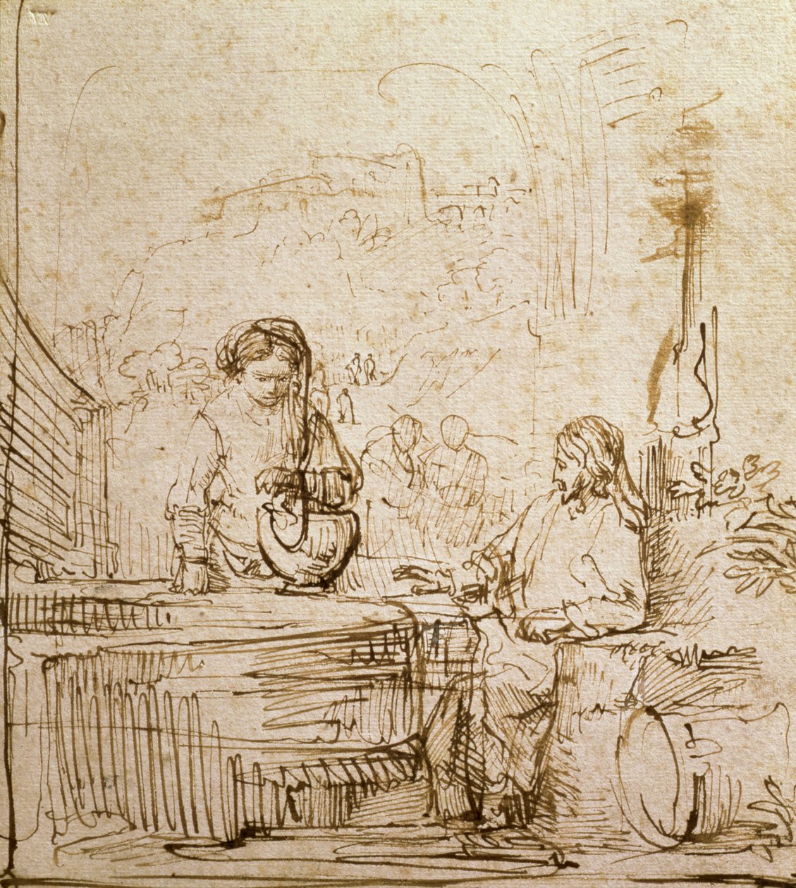 İsa ve Samiriyeli Kadın (kağıt üzerine kalem ve kahverengi mürekkep) by Rembrandt van Rijn