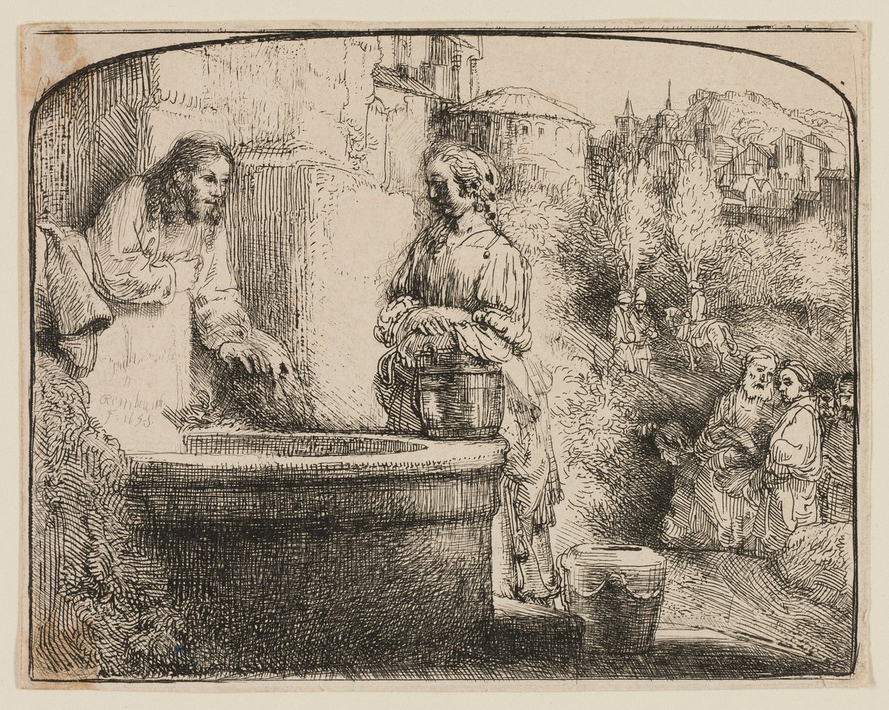 İsa ve Samiriyeli Kadın: Kemerli Bir Baskı by Rembrandt van Rijn