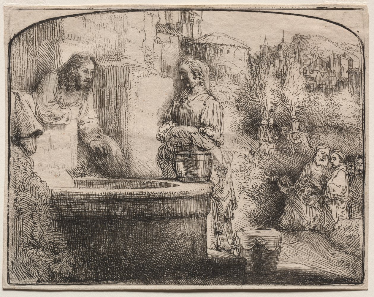 İsa ve Samiriyeli Kadın: Kemerli Baskı, 1657-58. by Rembrandt van Rijn