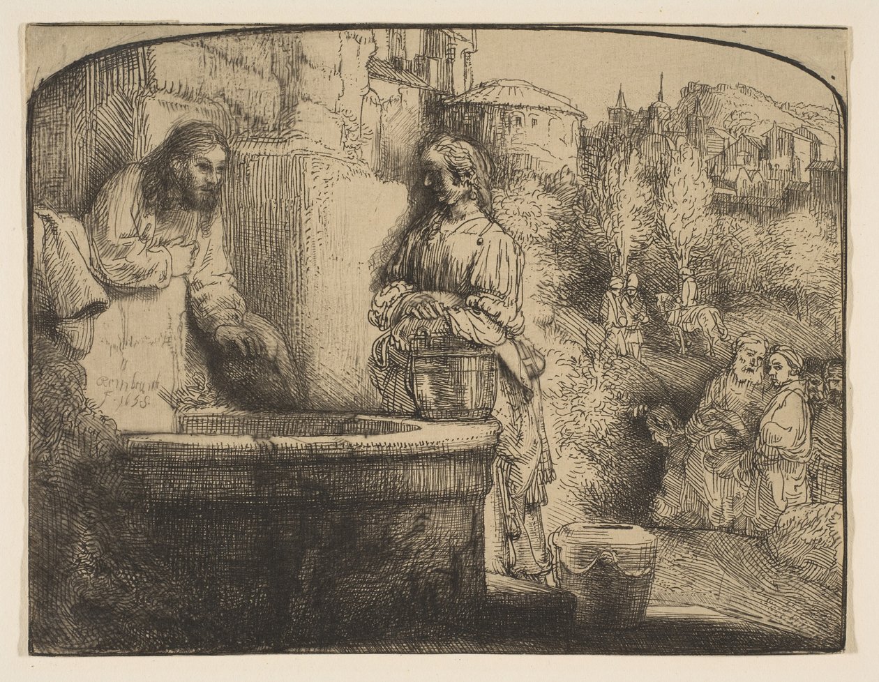 İsa ve Samiriyeli Kadın: Kemerli Baskı, 1658. by Rembrandt van Rijn