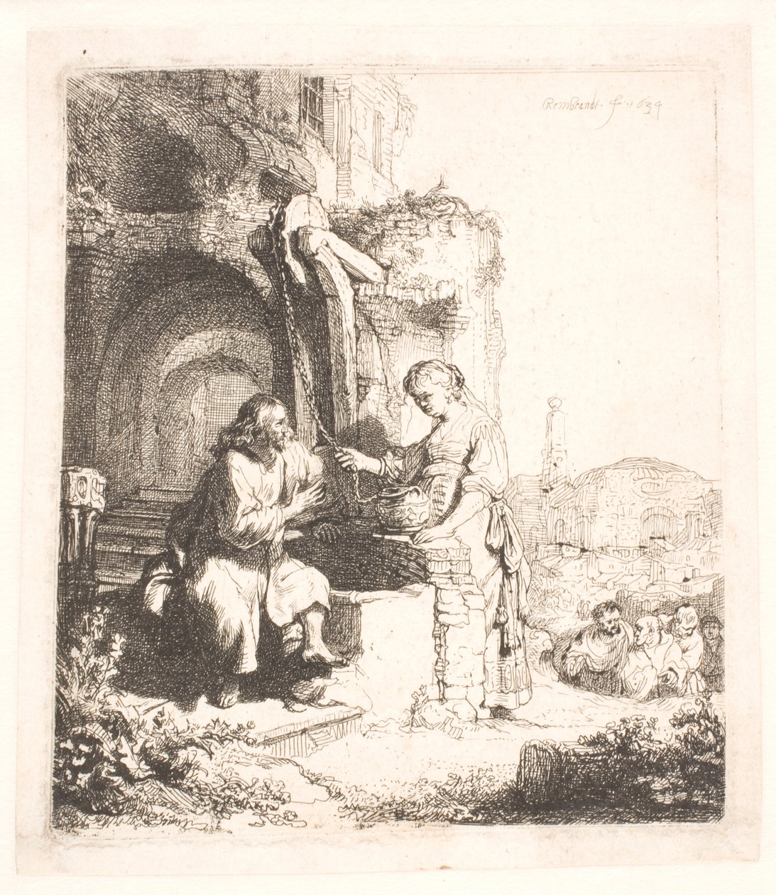 İsa ve Samiriyeli kadın: harabeler arasında by Rembrandt van Rijn
