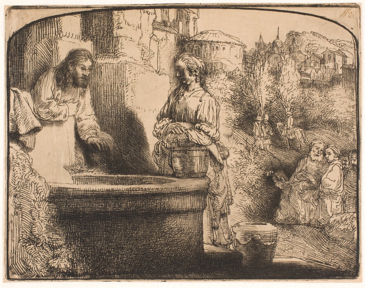 İsa ve Samiriyeli kadın: kemerli bir baskı by Rembrandt van Rijn