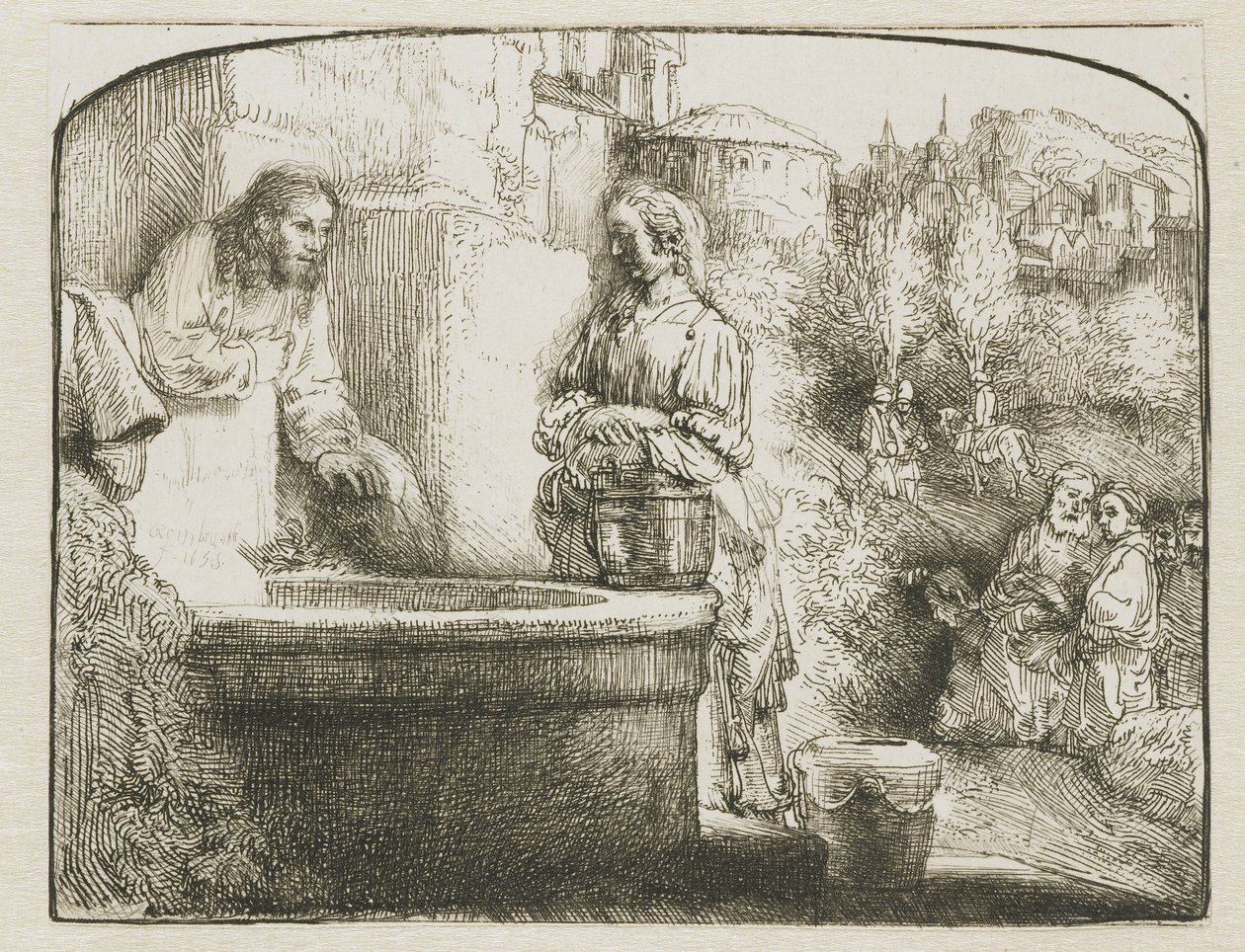 İsa ve Samiriyeli kadın: kemerli bir baskı by Rembrandt van Rijn