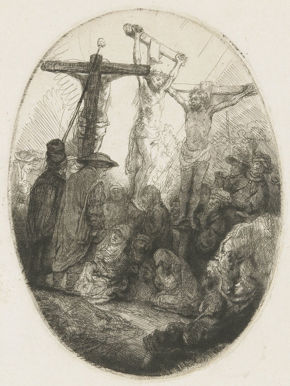 İki hırsız arasında çarmıha gerilmiş İsa: oval bir tabak by Rembrandt van Rijn