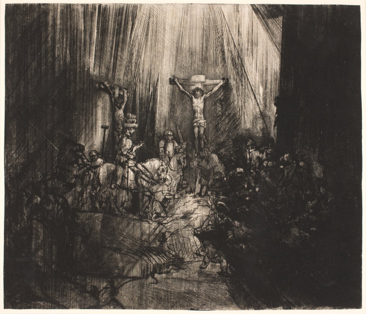 İsa iki hırsız arasında çarmıha gerildi: büyük dikdörtgen plaka ("Üç Haç") by Rembrandt van Rijn