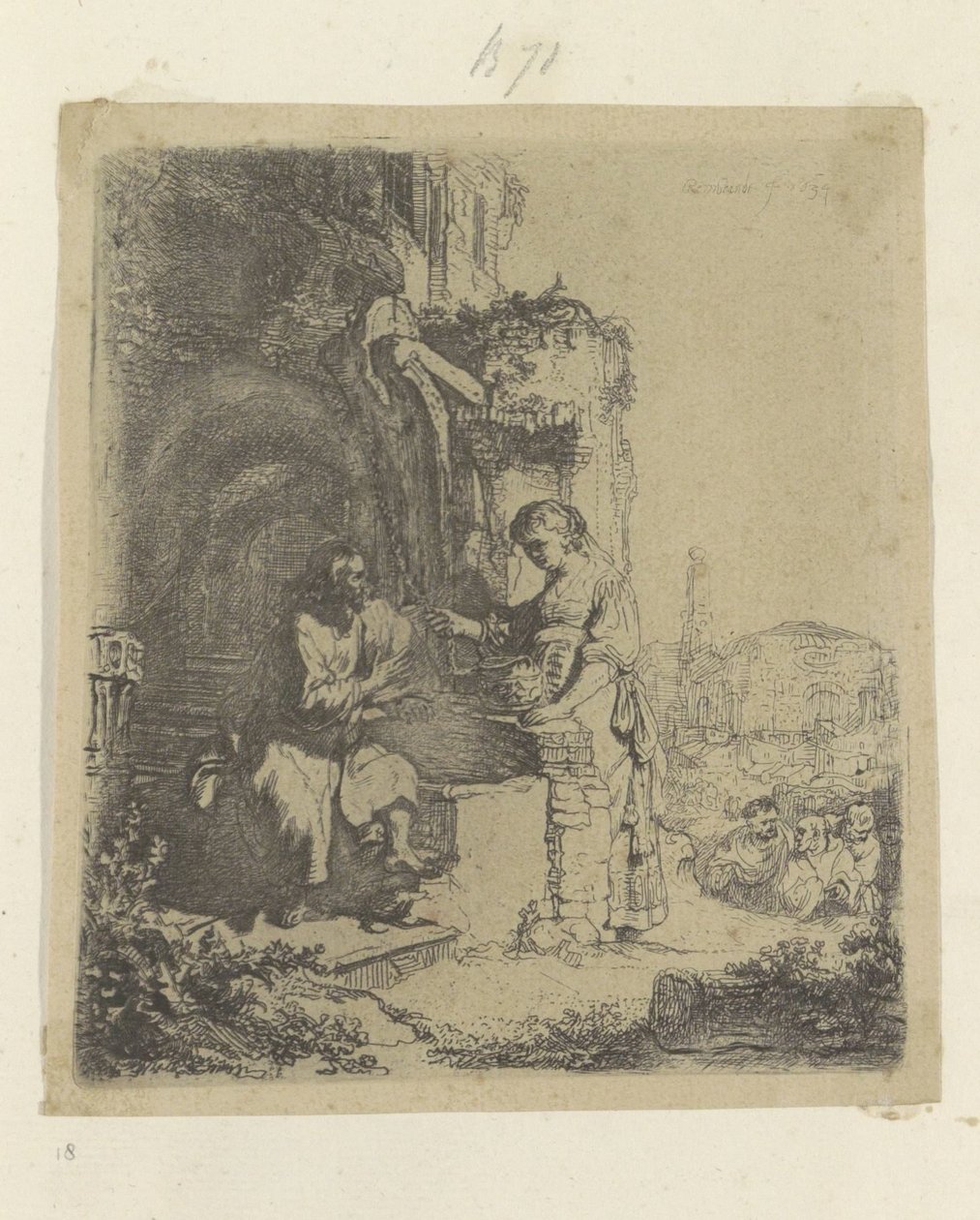 İsa ve Samiriyeli Kadın: Arka Plandaki Harabeler Recueil de quatre-vingt-cinq orijinalleri estampes (seri başlığı) by Rembrandt van Rijn