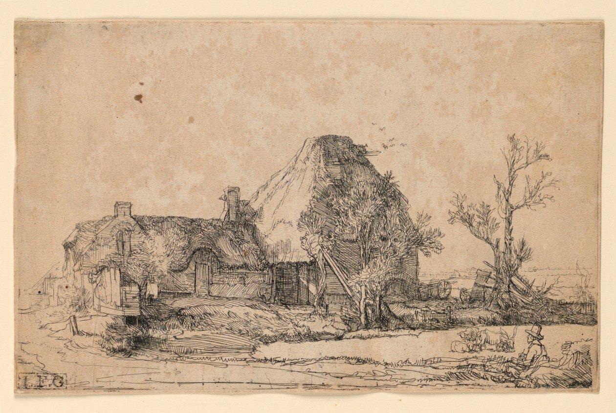 Bir Adam Çizimi ile Kulübeler ve Çiftlik Binası by Rembrandt van Rijn