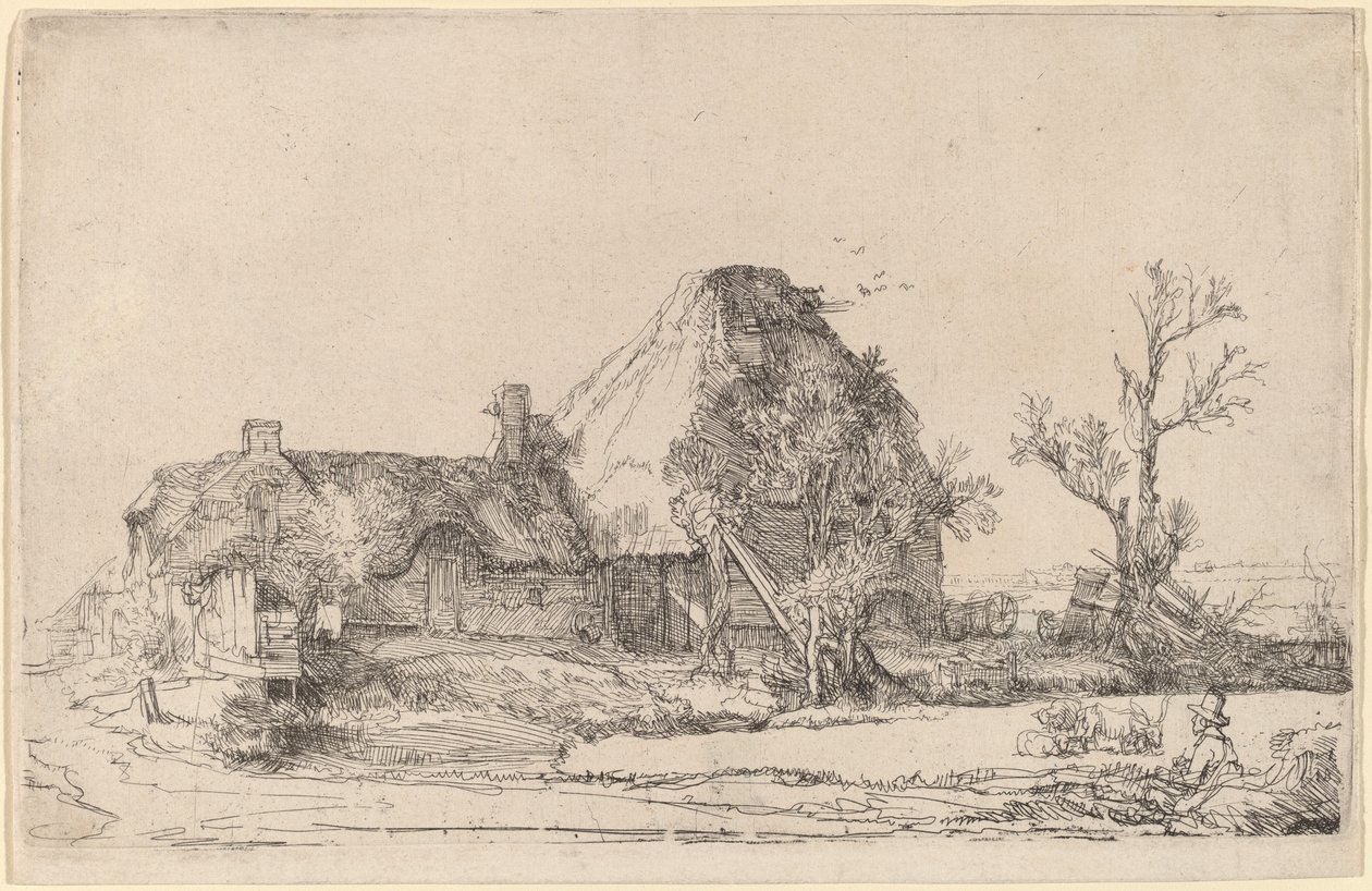 Bir Adam Çizimi ile Kulübeler ve Çiftlik Binaları by Rembrandt van Rijn