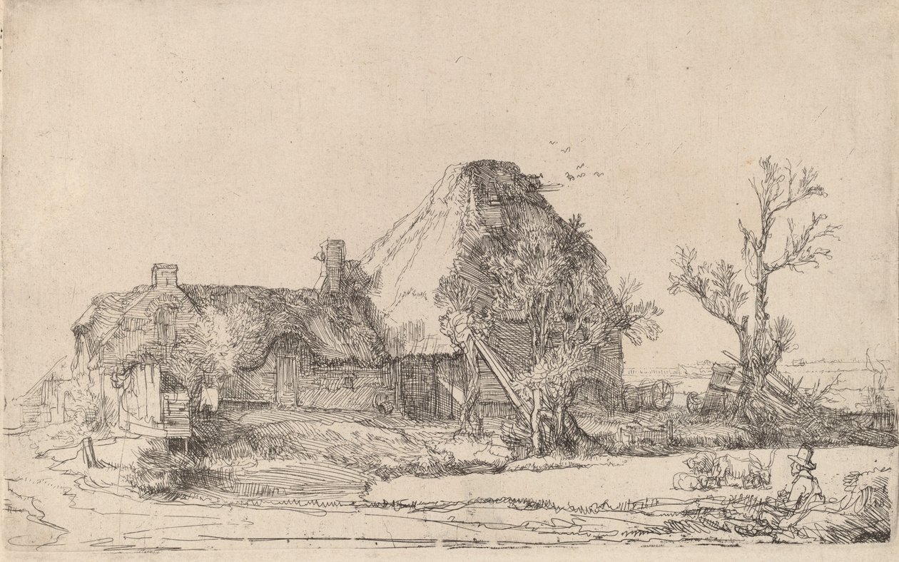 Bir Adam Eskiziyle Kulübeler ve Çiftlik Binaları, c. 1645. by Rembrandt van Rijn
