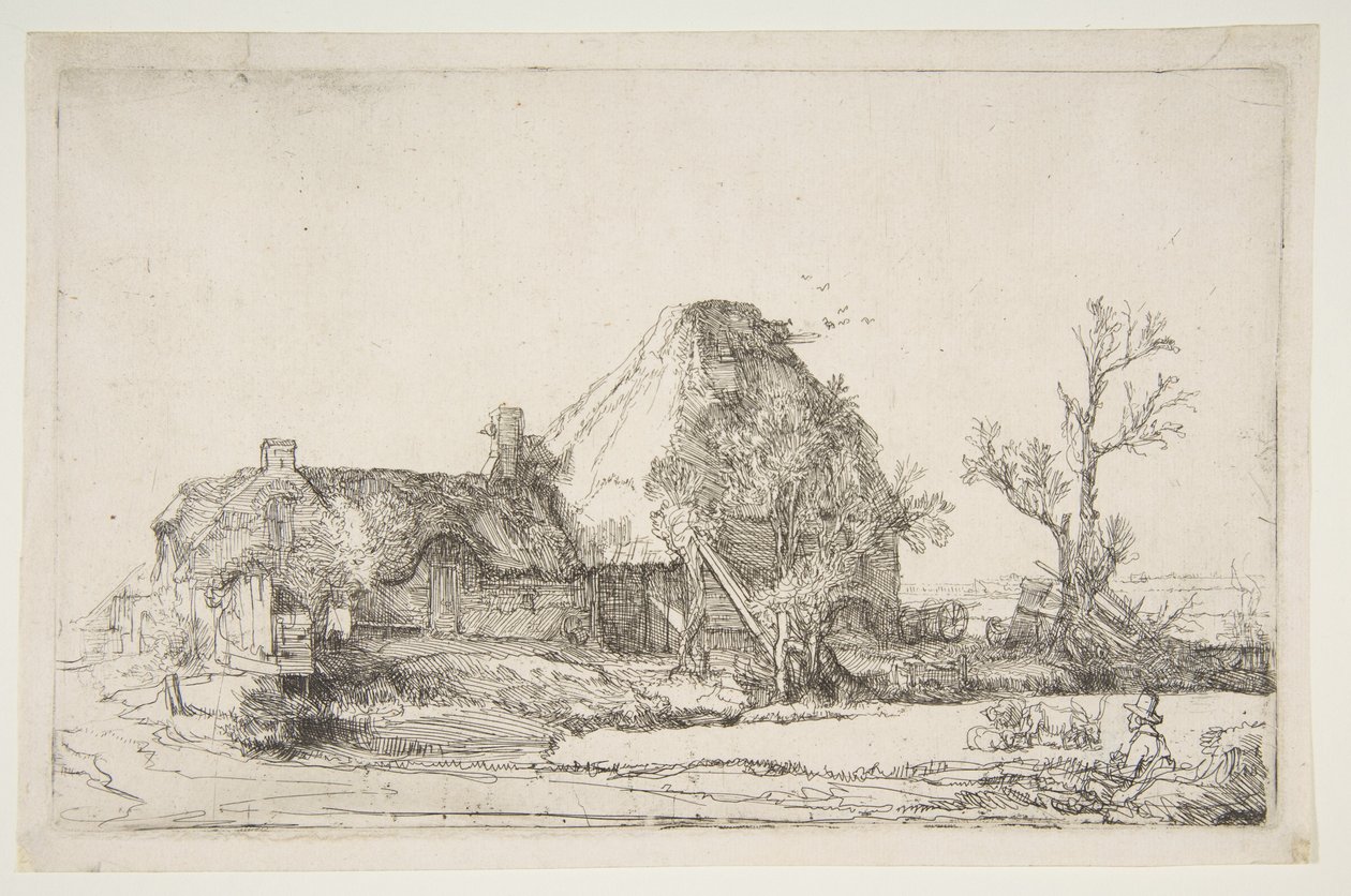 Bir Adam Çizimi ile Kulübeler ve Çiftlik Binaları, yaklaşık. 1645. by Rembrandt van Rijn
