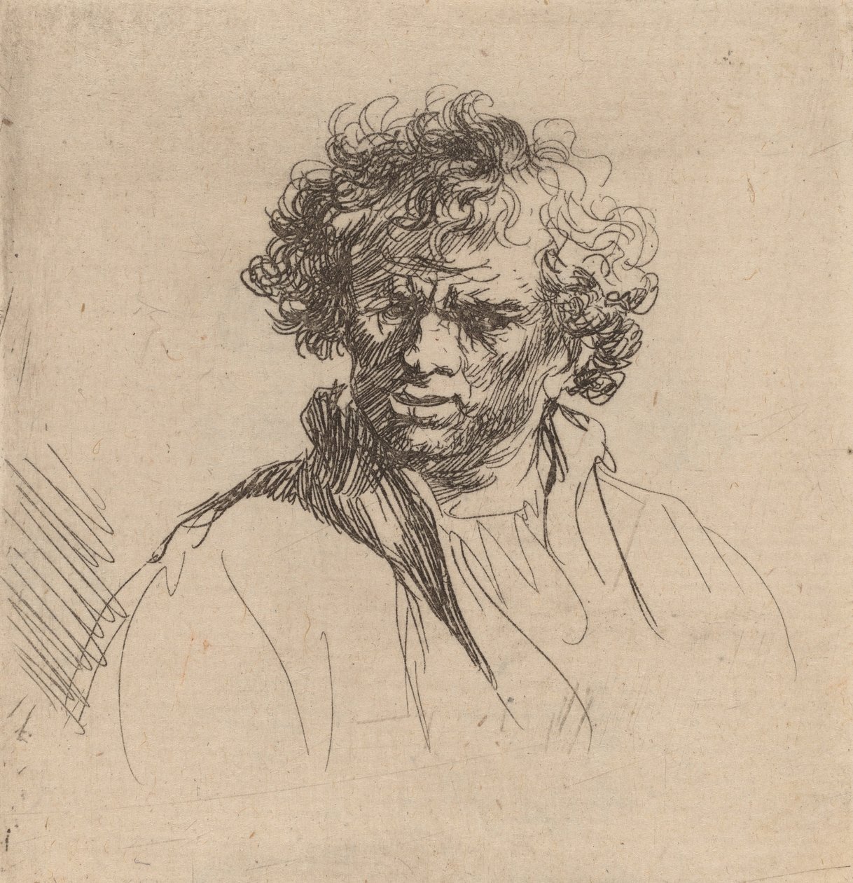 Alay Ağızlı Kıvırcık Başlı Adam, c. 1635. by Rembrandt van Rijn