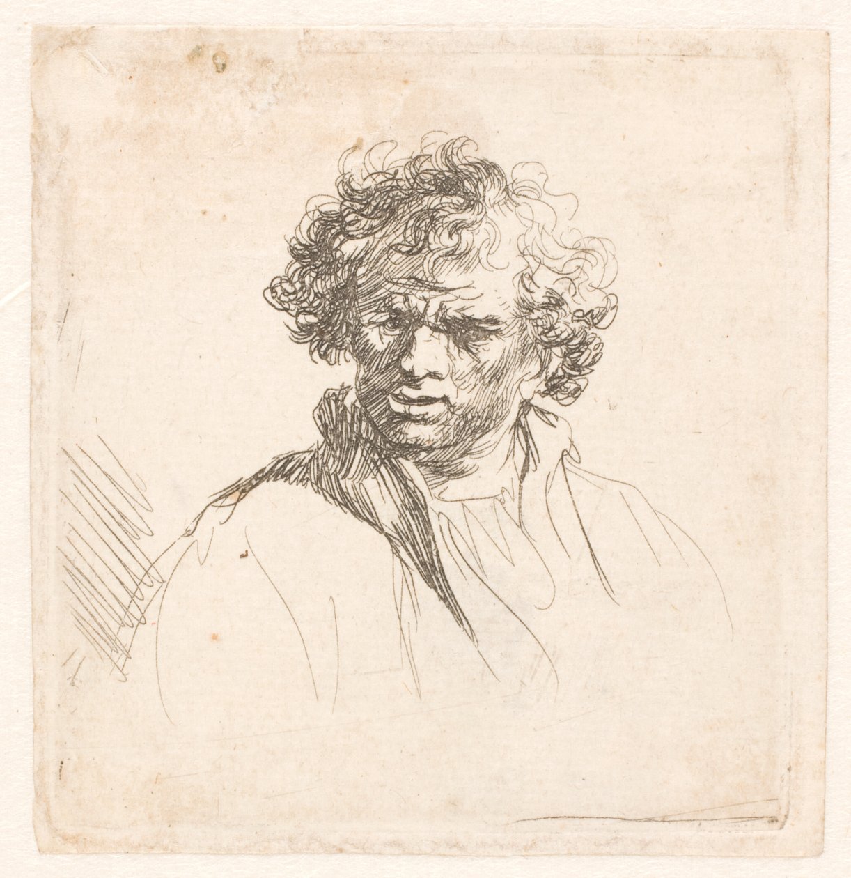 Ağzı bozuk kıvırcık kafalı adam by Rembrandt van Rijn