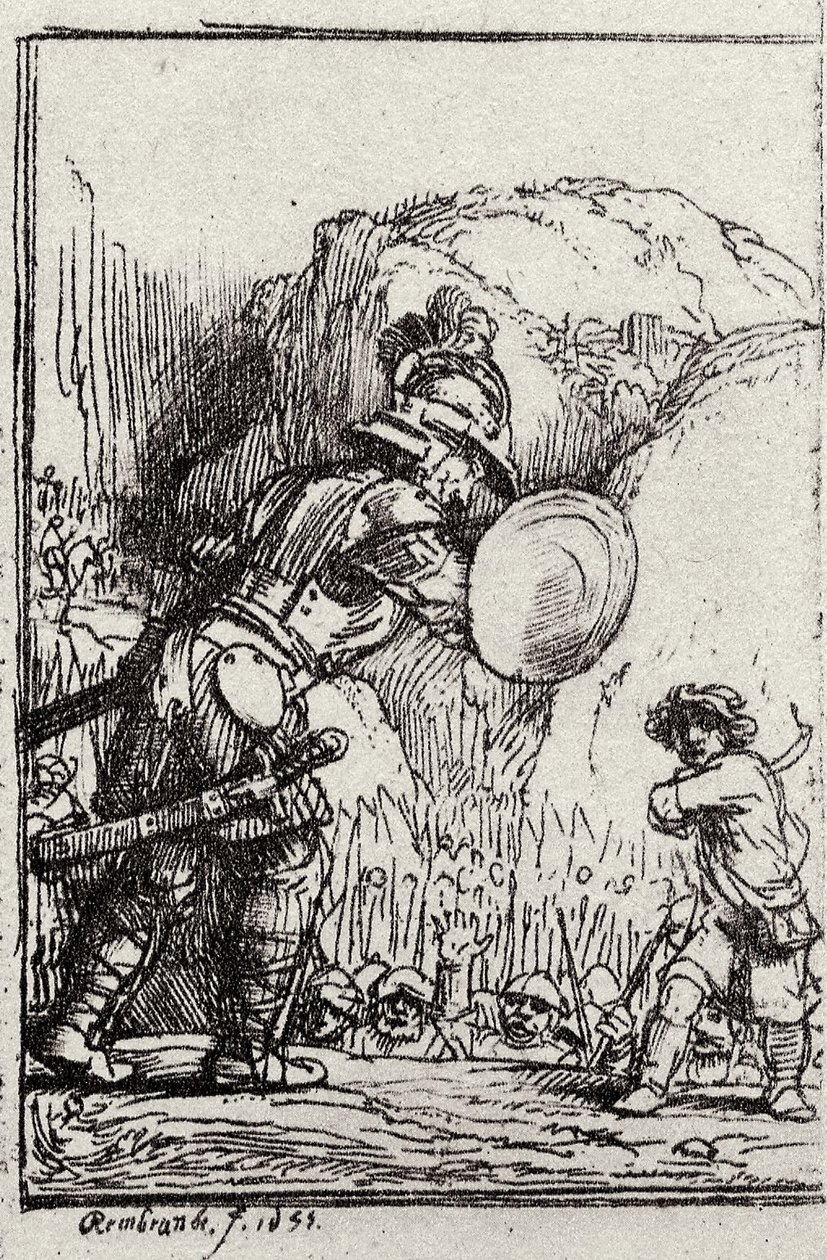 David ve Goliath. Menasseh ben İsrail tarafından Piedra gloriosa için illüstrasyon by Rembrandt van Rijn