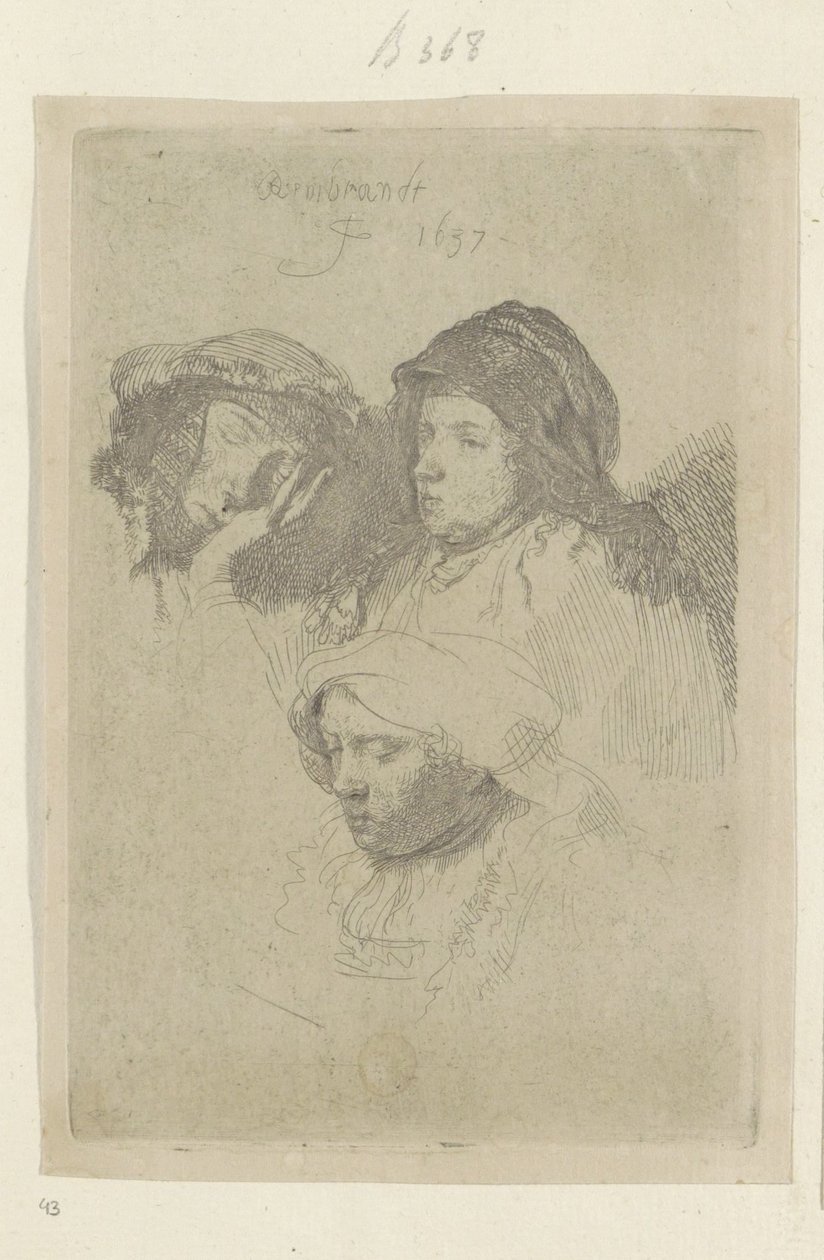 Üç kadın kafası, biri uyuyor Recueil de quatre-vingt-cinq orijinalleri estampes (seri başlığı) by Rembrandt van Rijn