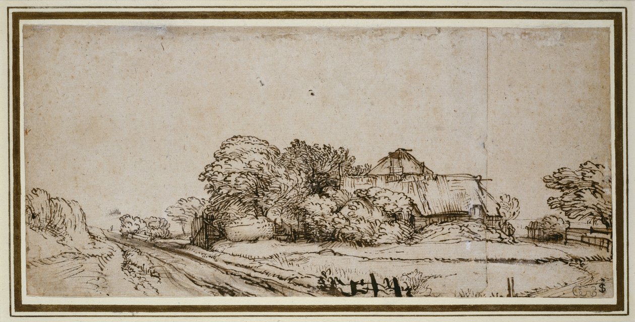 Bir Yolun Yanındaki Çiftlik Binaları (kahverengi cilalı kalem ve kahverengi mürekkep) by Rembrandt van Rijn