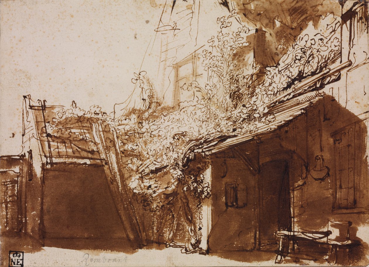 Işık ve Gölgede Çiftlik Evi by Rembrandt van Rijn
