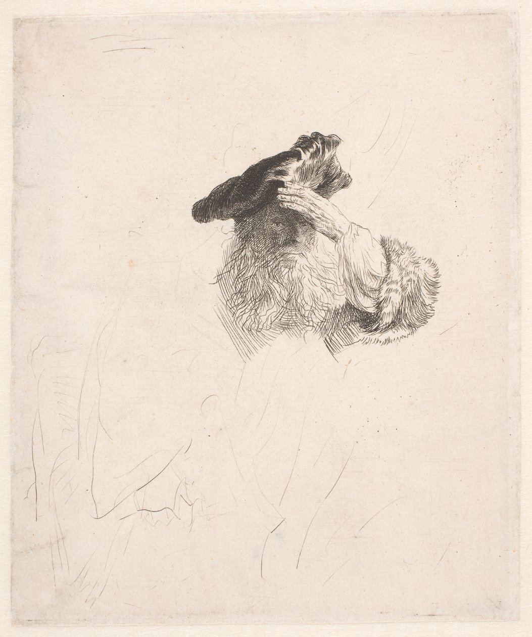 Yaşlı adam elini gözlerinin önünde gölgeliyor by Rembrandt van Rijn