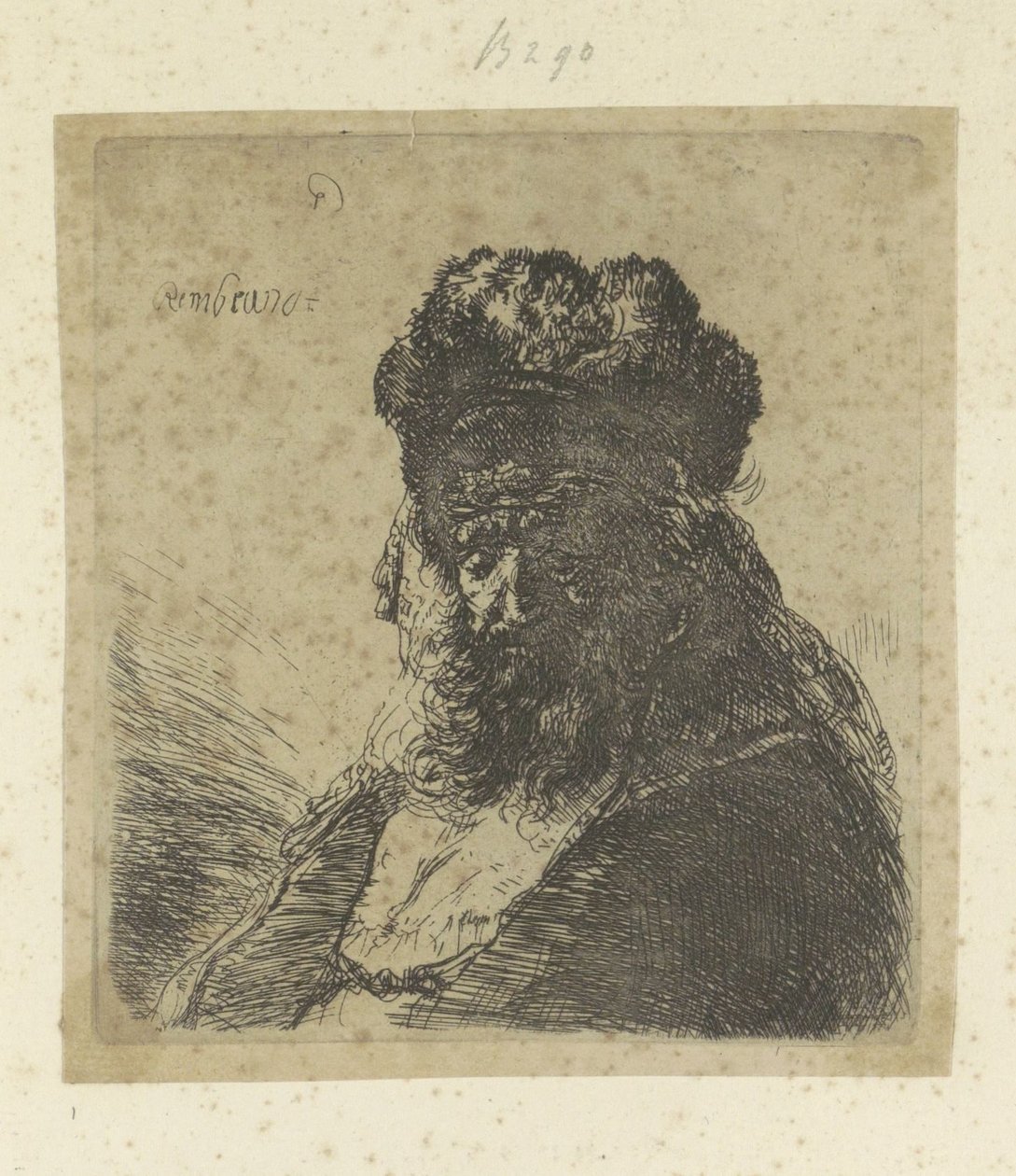 Yüksek kürk şapkalı ve gözleri kapalı sakallı yaşlı adam Recueil de quatre-vingt-cinq orijinalleri estampes (seri başlığı) by Rembrandt van Rijn