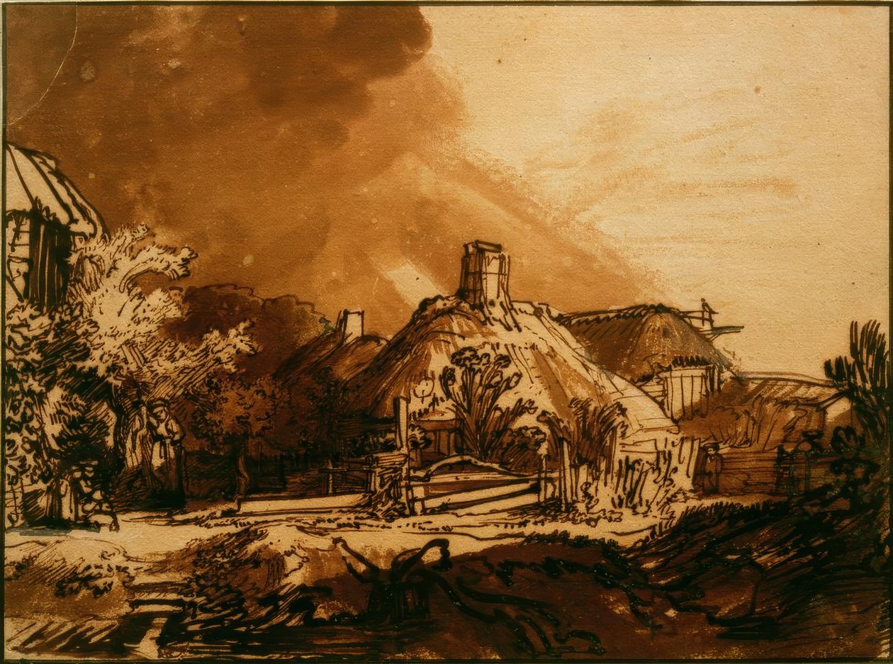 Fırtınalı bir gökyüzünün altında evler by Rembrandt van Rijn