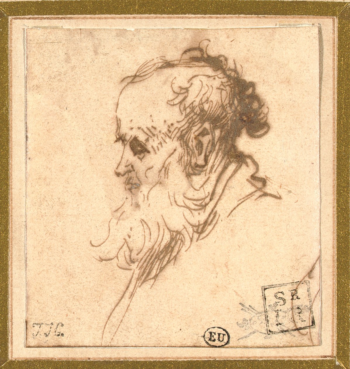 Soldaki profilde sakallı bir adamın başı by Rembrandt van Rijn
