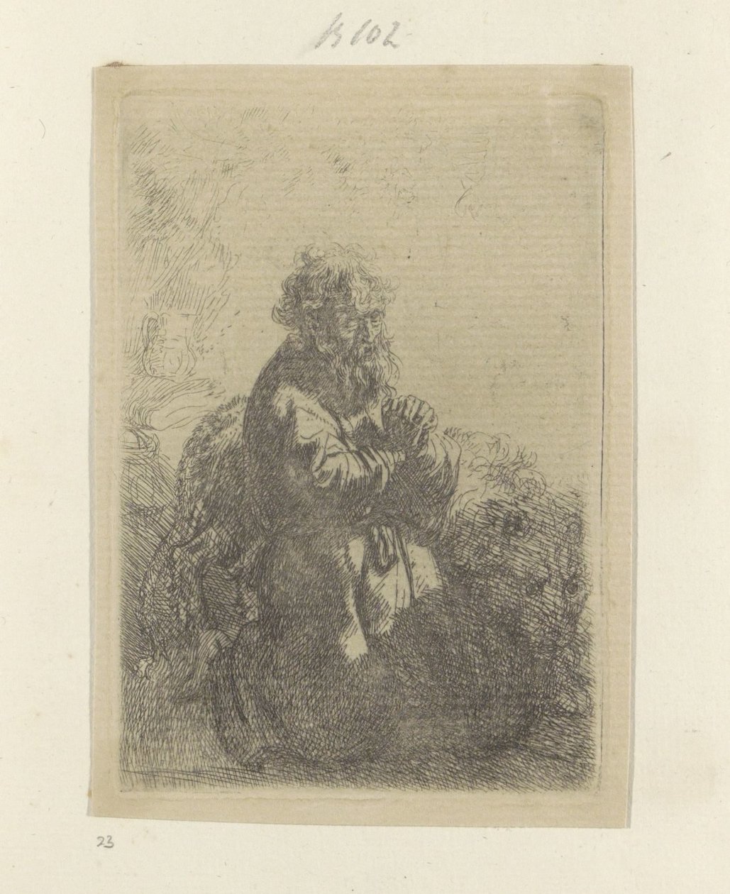 Hieronymus dua ederek diz çökmüş, aşağı bakıyor Recueil de quatre-vingt-cinq estampes orijinalleri (dizi başlığı) by Rembrandt van Rijn