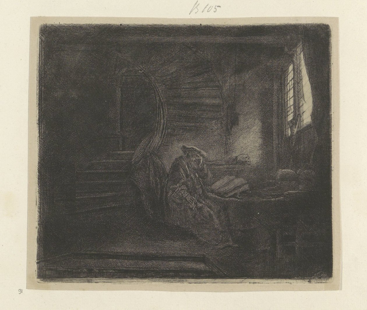 Hieronymus in een donker studeervertrek Seksen beş orijinal baskının toplanması (seri başlığı) by Rembrandt van Rijn