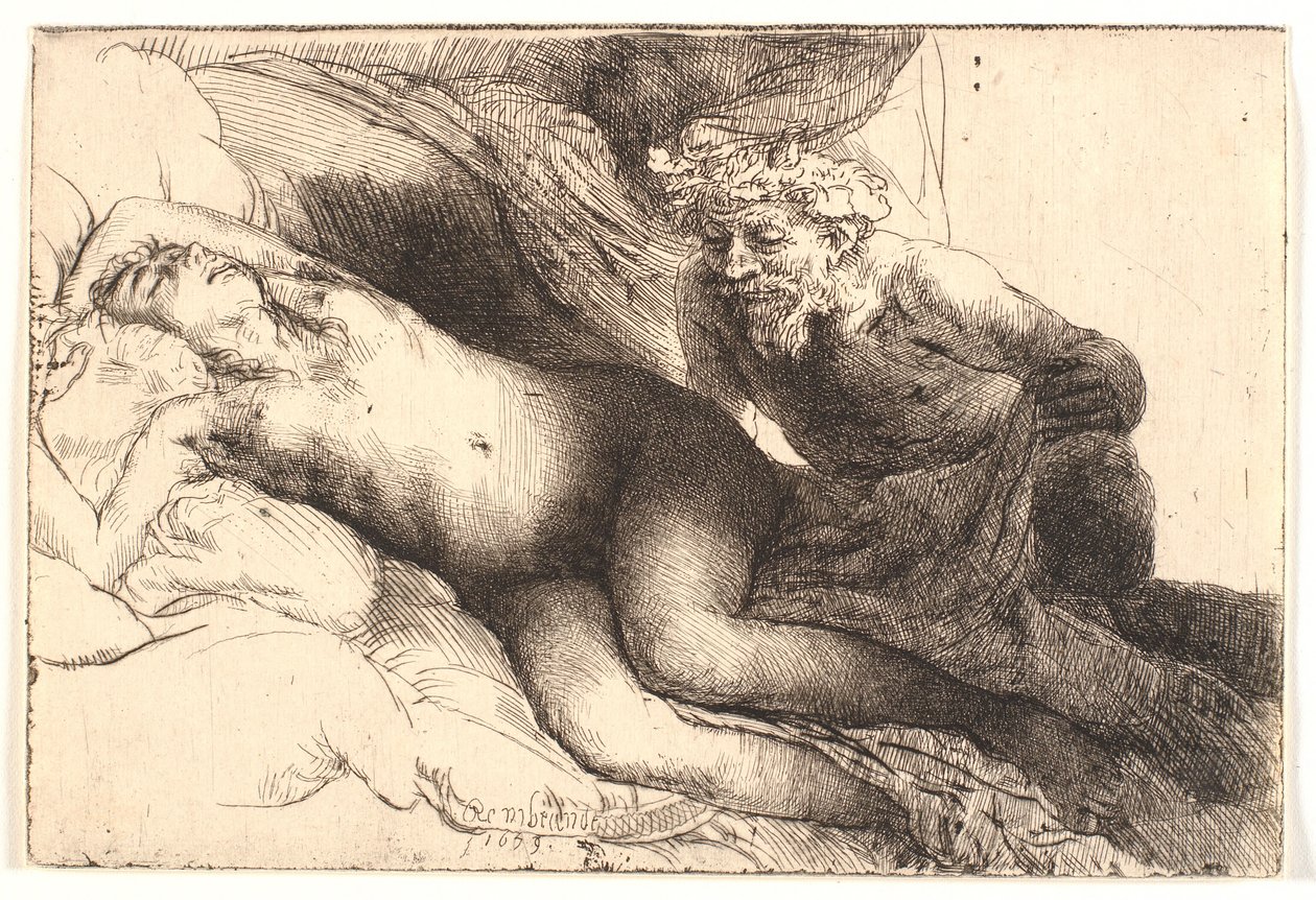 Jüpiter ve Antiope: daha büyük levha by Rembrandt van Rijn