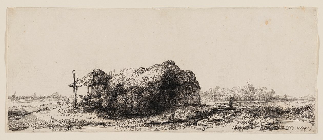 Kulübeler ve Saman Ahırı ile Manzara: Dikdörtgen by Rembrandt van Rijn