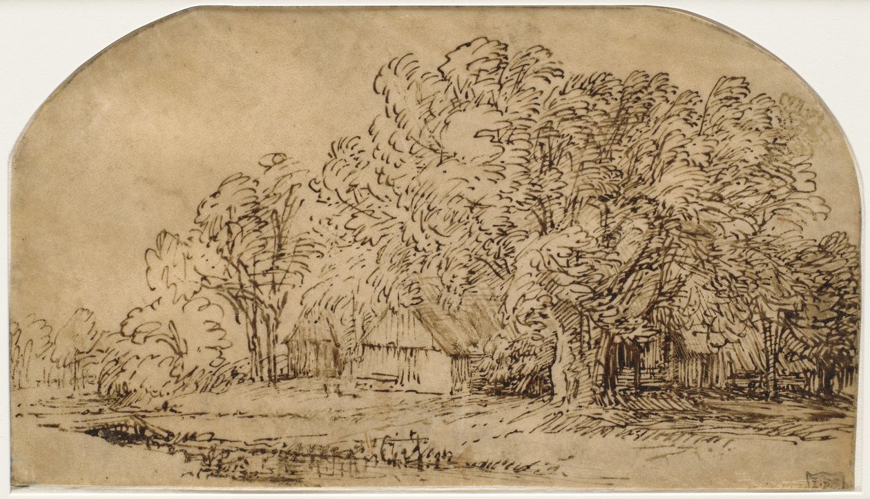 Uzun Ağaçların Altındaki Kulübelerle Manzara ("Rüzgarın Nefesi") by Rembrandt van Rijn