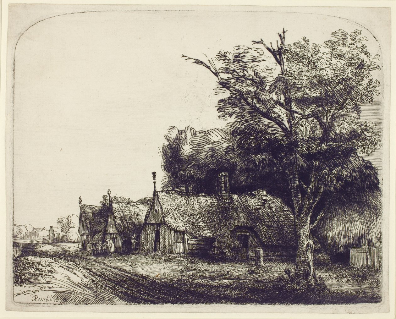 Bir Yolun Yanında Üçgen Kulübeler ile Manzara, 1650 (kağıt üzerinde gravür ve kuru nokta) by Rembrandt van Rijn