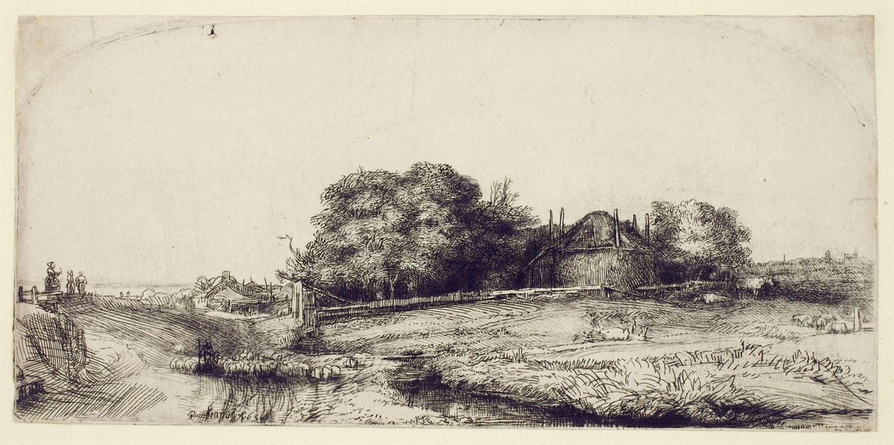 Haybarn ve Koyun Sürüsü ile Manzara, c.1652 (kağıt üzerinde gravür ve kuru nokta) by Rembrandt van Rijn