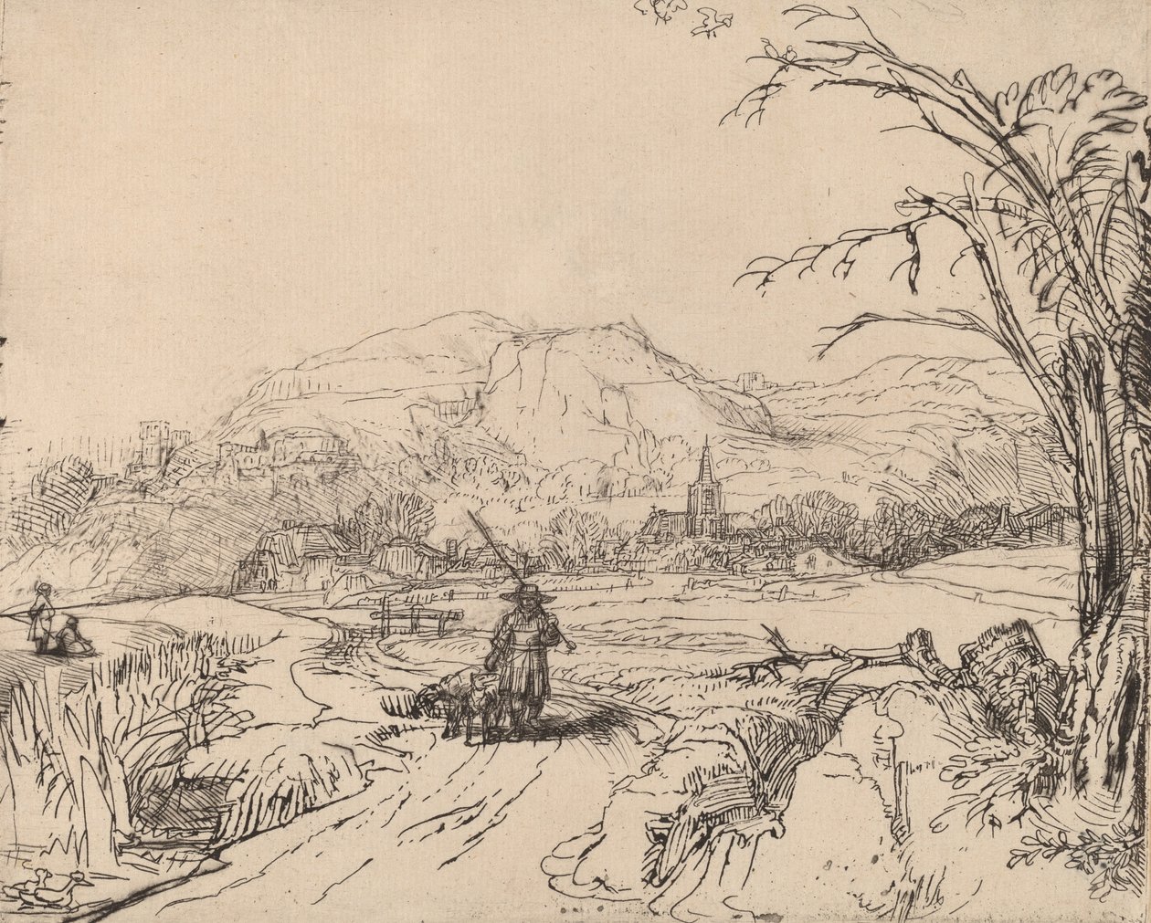 Sporcu ve Köpekli Manzara, c. 1653. by Rembrandt van Rijn