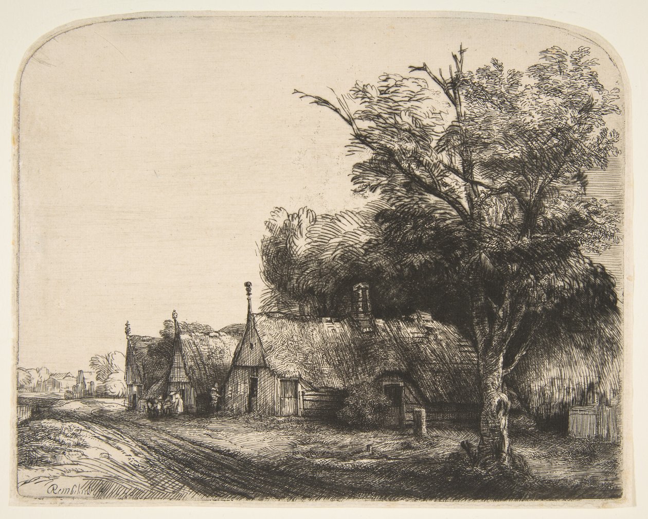 Bir Yolun Yanında Üç Üçgen Kulübe ile Manzara, 1650. by Rembrandt van Rijn