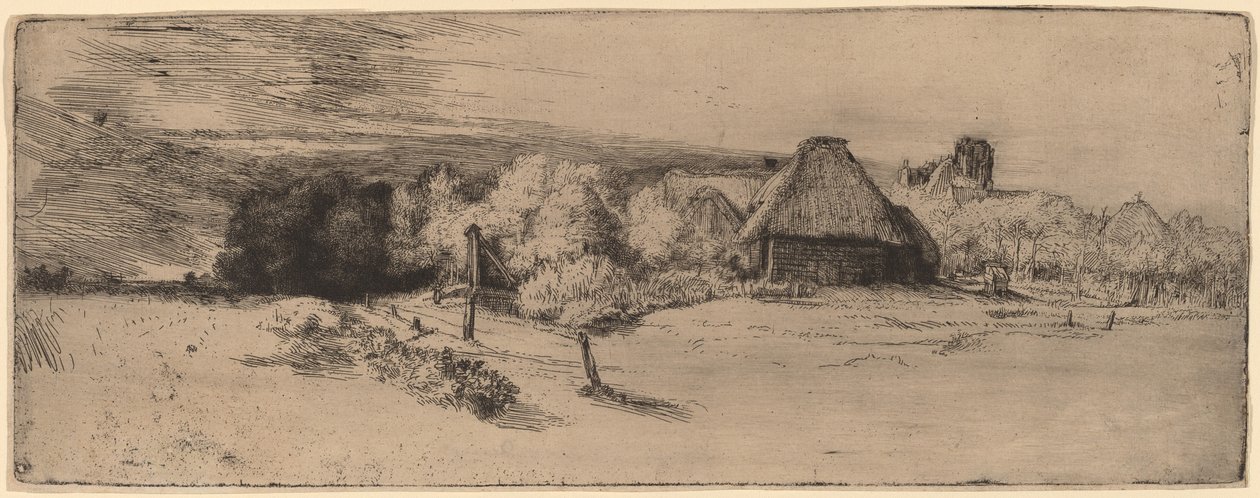 Ağaçlar, Çiftlik Binaları ve Kule ile Manzara by Rembrandt van Rijn
