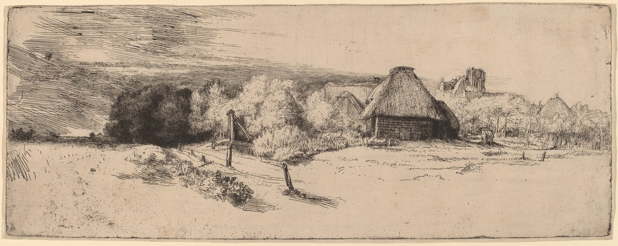 Ağaçlar, Çiftlik Binaları ve Kule ile Manzara by Rembrandt van Rijn