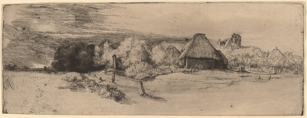 Ağaçlar, Çiftlik Binaları ve Kule ile Manzara by Rembrandt van Rijn