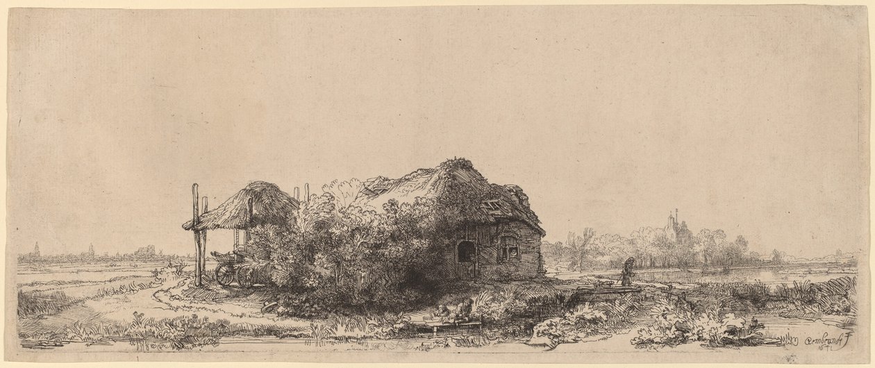 Bir Kulübe ve Saman Ahırı ile Manzara: Dikdörtgen by Rembrandt van Rijn