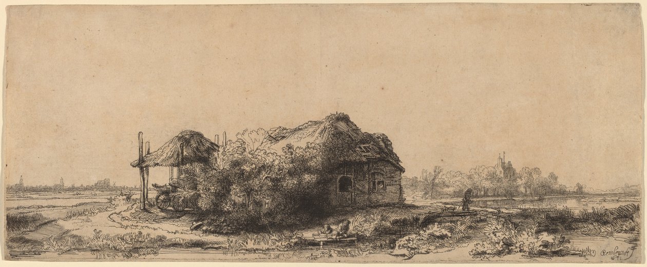 Bir Kulübe ve Saman Ahırı ile Manzara: Dikdörtgen by Rembrandt van Rijn